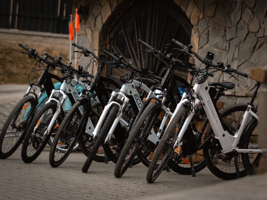 Zdjęcie przedstawia rowery elektryczne ustawione obok siebie na podwórku na tle domu z kamienia